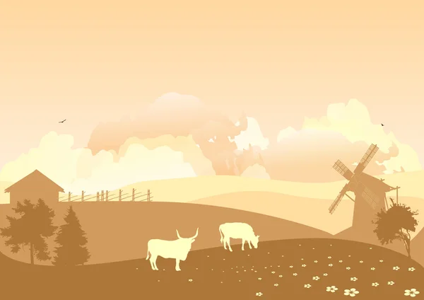 与奶牛的棕色乡村风景 — 图库矢量图片