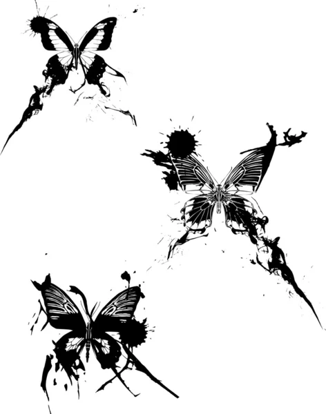 Drei schwarze Schmetterlinge in Klecksen — Stockvektor