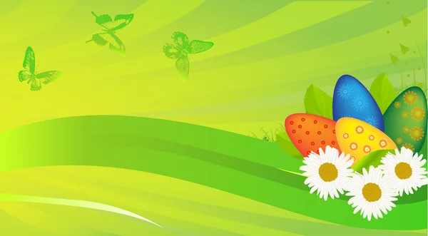 Œufs de Pâques et camomilles sur vert — Image vectorielle