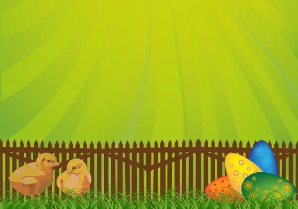 Chickens and egges near fence — Stock Vector