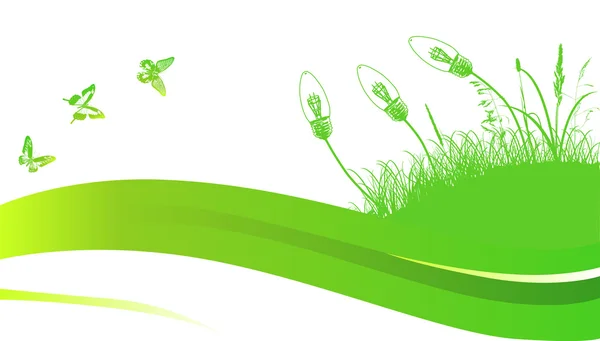Green butterflies and lamps growing from grass — Stock Vector