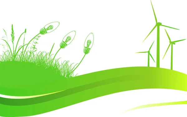 Zelený obrázek s trávou a větrná turbína — Stockový vektor