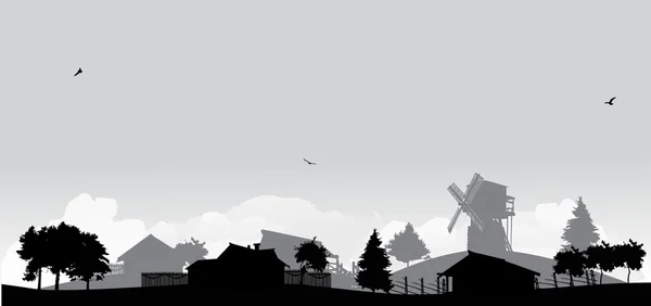 Paysage avec arbres gris et village — Image vectorielle