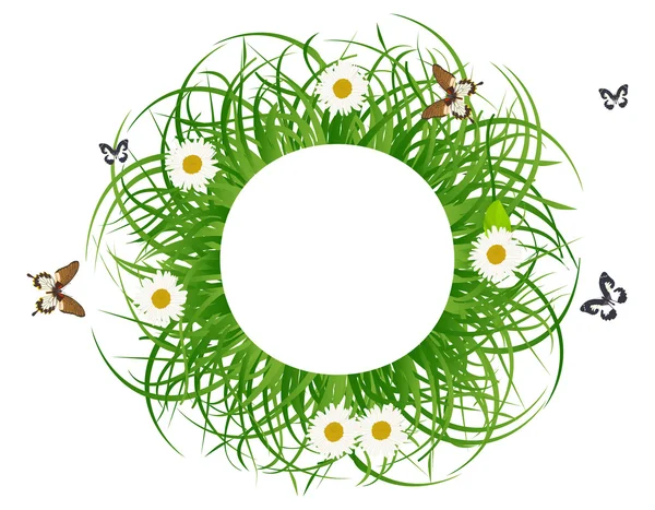 Circle green grass frame and butterflies — Stock Vector