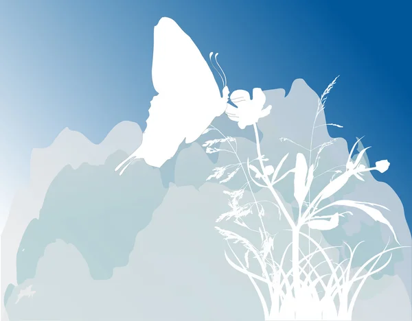 Motyle i kwiaty na tle błękitnego nieba — Wektor stockowy