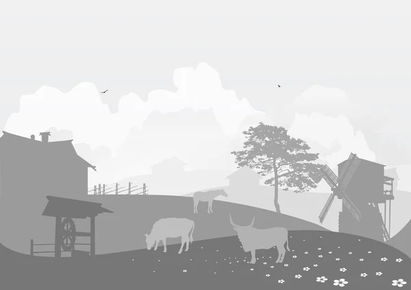 与字段上的农场动物的乡村风景 — 图库矢量图片