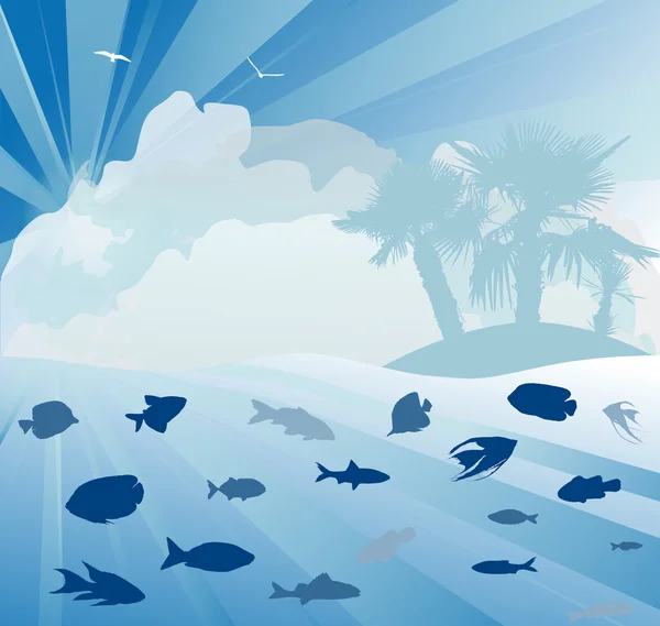 Sziget és a halak, a tenger — Stock Vector