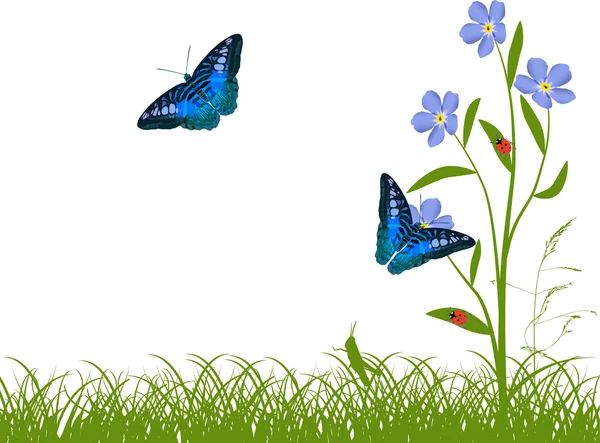 Błękitne motyle i kwiaty w zielonej trawie — Wektor stockowy