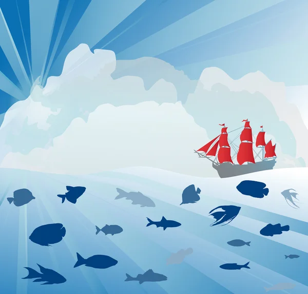Nave e pesci in mare azzurro — Vettoriale Stock