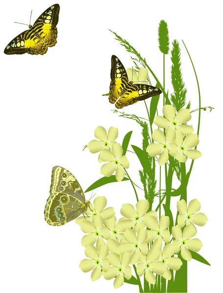 Flores amarillas y tres mariposas decoración — Vector de stock