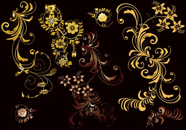 Set of golden and brown floral elements — Stock Vector