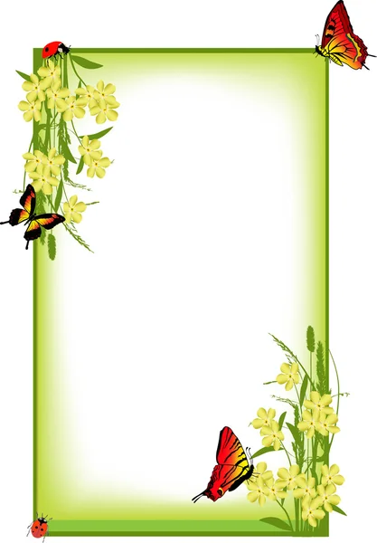 Moldura com flores amarelas da mola e borboletas vermelhas — Vetor de Stock