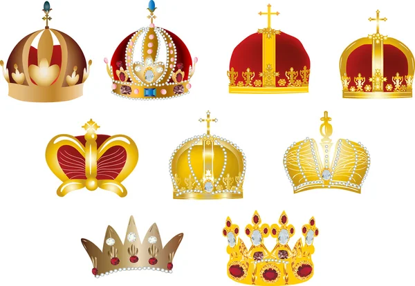 Nove coroas de ouro isoladas em branco — Vetor de Stock