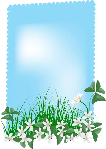 White flowers in green grass on blue — Stock Vector