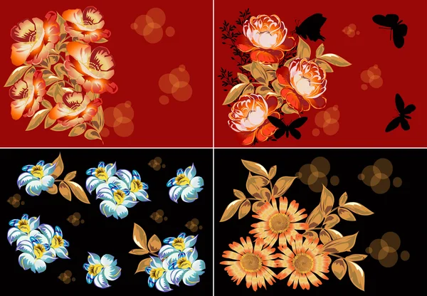 Fyra röda och svarta blomma dekorationer — Stock vektor