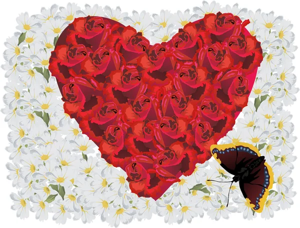 Beyaz çiçekler kırmızı gül kalp — Stok Vektör