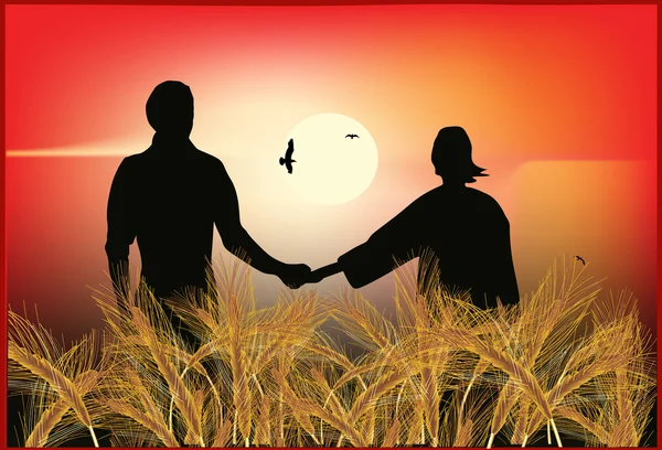 Pasangan di ladang gandum saat matahari terbenam - Stok Vektor
