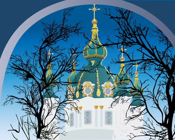 Chiesa ortodossa e alberi neri — Vettoriale Stock
