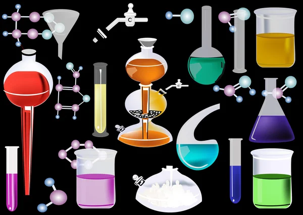 Chemical glass collection isolated on black — Stock Vector