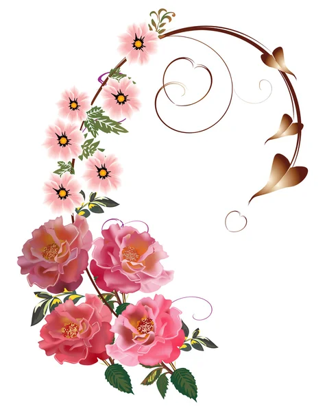 Rosen und rosa Blumen kräuseln sich — Stockvektor