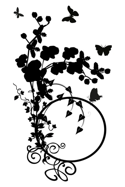 Ricciolo con silhouette di orchidee e farfalle — Vettoriale Stock