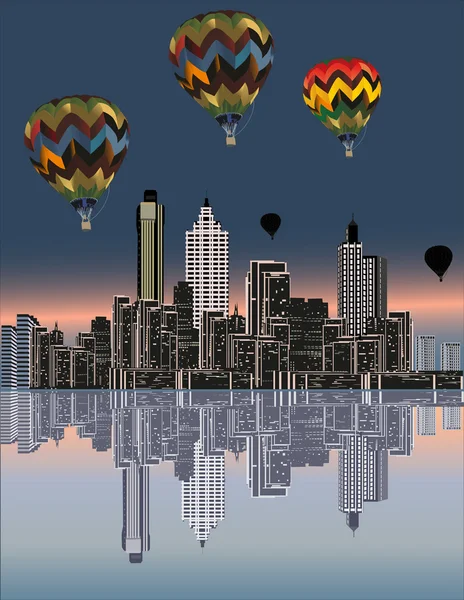 Balloons above modern city — Stock Vector