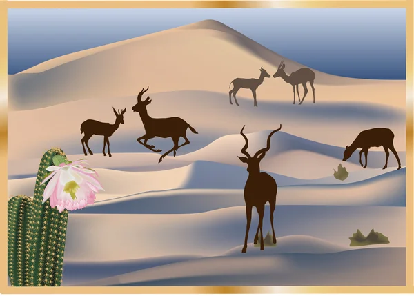 Кактус и антилопы в песчаной пустыне — стоковый вектор
