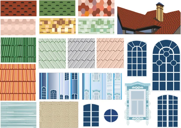 Çatı dokular ve windows koleksiyonu — Stok Vektör