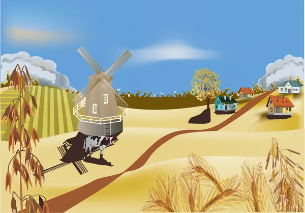 Paysage d'été avec moulin à vent près du village — Image vectorielle