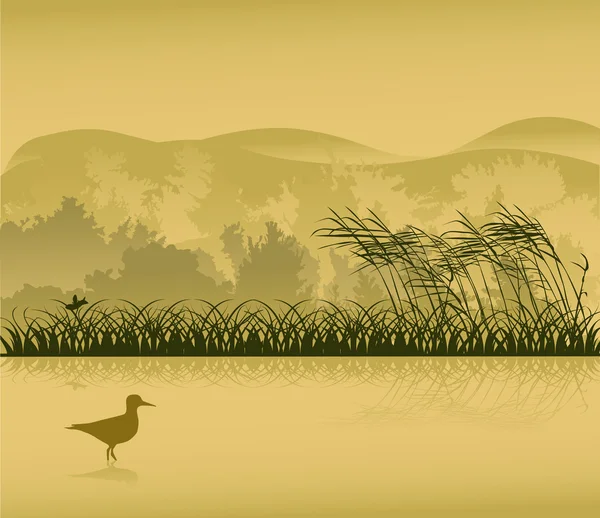 Птица в озере возле желтого леса — стоковый вектор