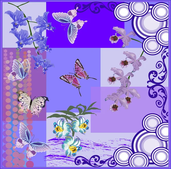 Samenstelling met blauwe vlinders en orchideeën — Stockvector