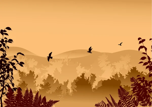 Floresta marrom e pássaros no céu — Vetor de Stock