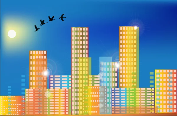 Aves voladoras sobre ciudad de color arco iris — Vector de stock