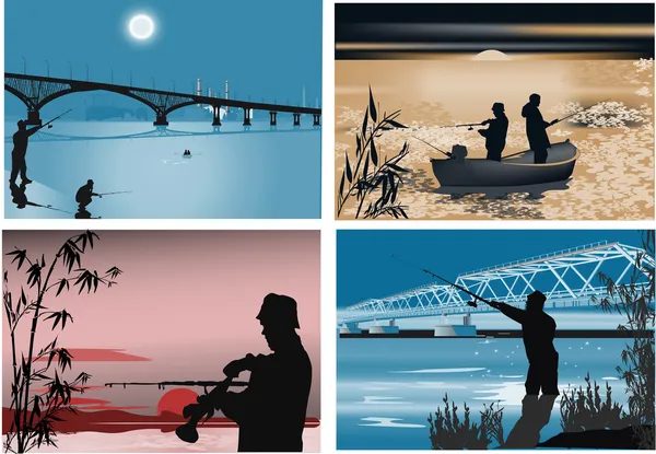 Quatre illustrations avec des pêcheurs la nuit — Image vectorielle