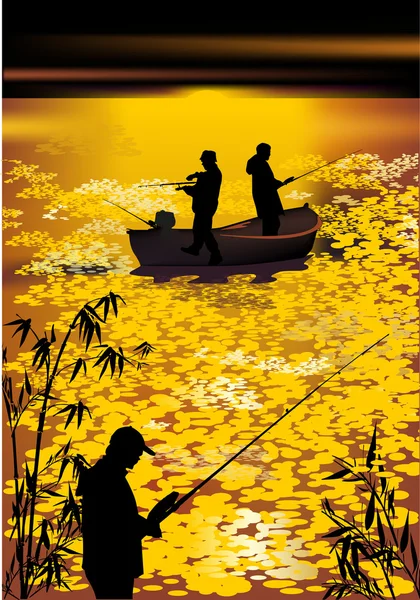 Halászok sziluettek arany naplementekor — Stock Vector