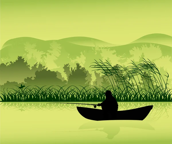Pescador em silhueta barco no lago da floresta — Vetor de Stock