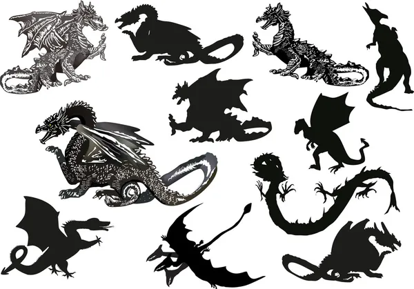 Tizenegy Fekete sárkányok elszigetelt fehér — Stock Vector