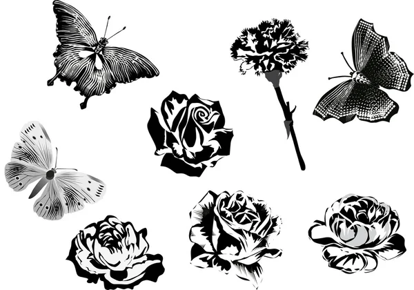 Conjunto de flores pretas e borboletas — Vetor de Stock