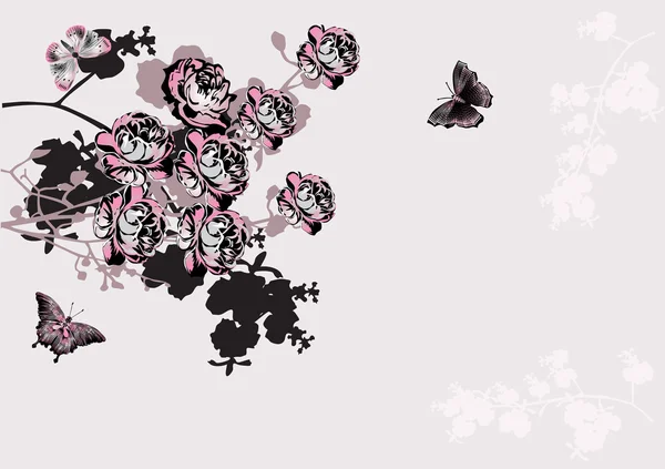 핑크 장미와 나비 장식 — 스톡 벡터