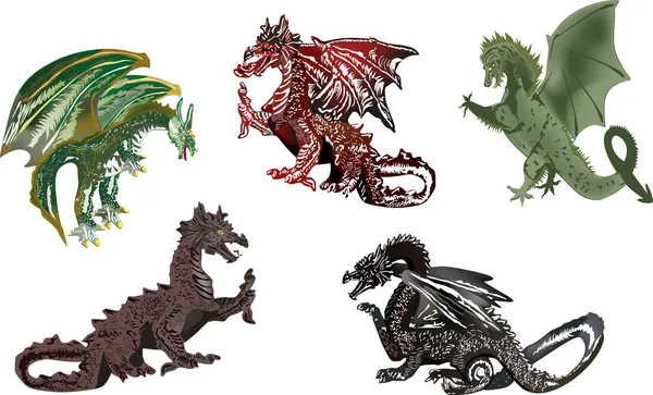 Pět barevných draků izolované na bílém — Stockový vektor