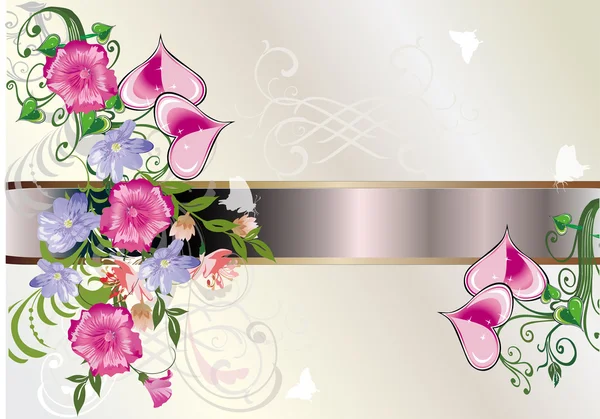 Coeurs roses et fleurs sur gris — Image vectorielle