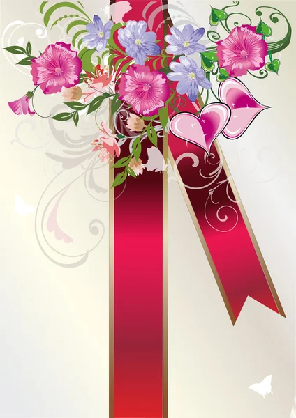 Çiçek dekorasyon ve kırmızı kurdele — Stok Vektör