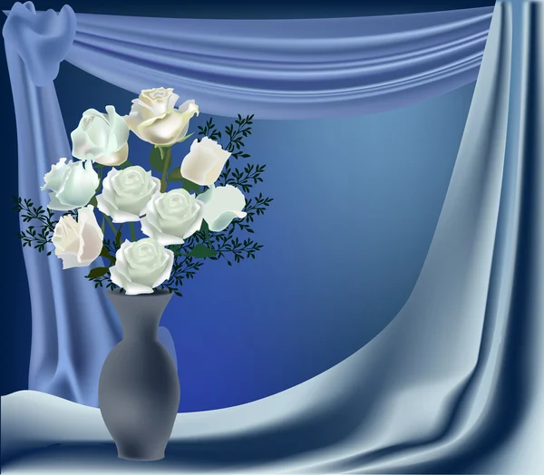 Bílé růže ve váze na modré závěsy — Stockový vektor