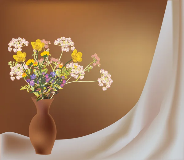 Flores silvestres en jarrón sobre fondo marrón — Vector de stock