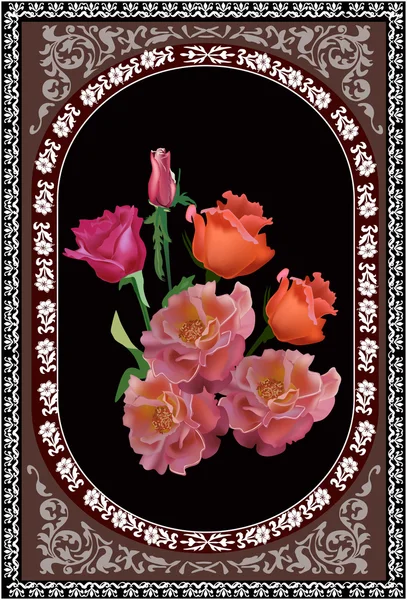 Fiori di rosa rossa in cornice marrone nad bianco — Vettoriale Stock