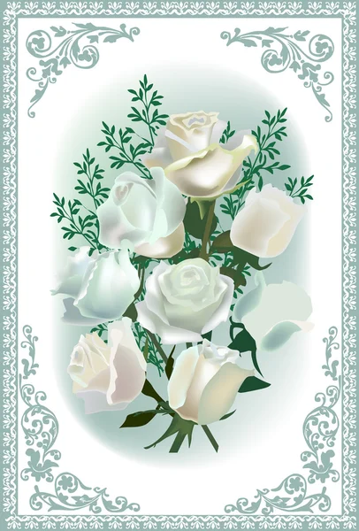 Bílé růže v modrém rámečku dekorace — Stockový vektor