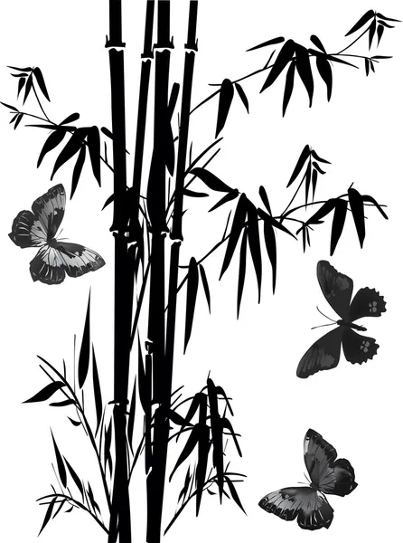 Farfalle e bambù nero su bianco — Vettoriale Stock