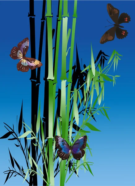 Bamboo and butterflies on blue background — Stock Vector