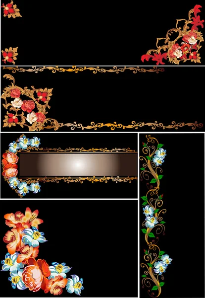 Blue and red floral decorations on black — Stock Vector