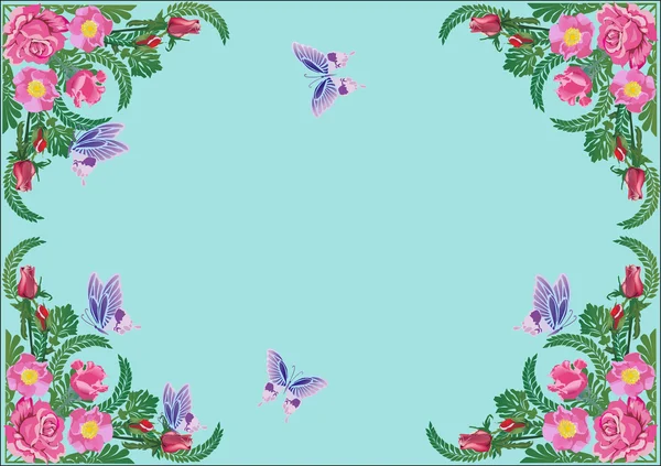 Rosa rosa marco de flores y mariposas en azul — Vector de stock